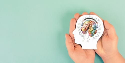 Human,Brain,With,Headphones,And,Music,Notes,,Social,Media,,Self picture of the brain